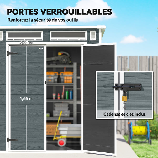 Abri de Jardin en Plastique 6 x 6 ft, Effet Bois, avec Plancher, Trois Fenêtres, Portes Verrouillables et Aérations, pour Outils, Vélo, Générateur, Gris