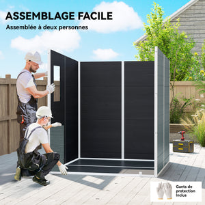 Abri de Jardin en Plastique 6 x 6 ft, Effet Bois, avec Plancher, Trois Fenêtres, Portes Verrouillables et Aérations, pour Outils, Vélo, Générateur, Gris