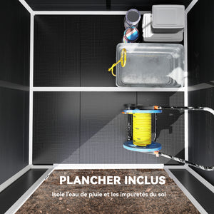 Abri de Jardin en Plastique 6 x 6 ft, Effet Bois, avec Plancher, Trois Fenêtres, Portes Verrouillables et Aérations, pour Outils, Vélo, Générateur, Gris