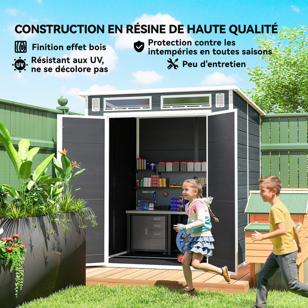 Abri de Jardin en Plastique 6 x 6 ft, Effet Bois, avec Plancher, Trois Fenêtres, Portes Verrouillables et Aérations, pour Outils, Vélo, Générateur, Gris