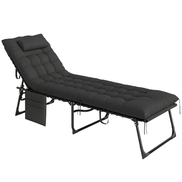 Bain de soleil, chaise longue pliante avec coussin, appuie-tête, poche latérale, textilène, transat jardin extérieur inclinable de plage camping piscine terrasse 58 x 189 x 32,5 cm noir