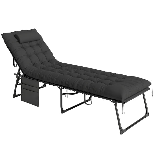 Bain de soleil, chaise longue pliante avec coussin, appuie-tête, poche latérale, textilène, transat jardin extérieur inclinable de plage camping piscine terrasse 58 x 189 x 32,5 cm noir