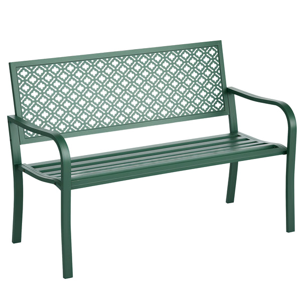 Banc de jardin, banc extérieur jardin en acier, avec dossier à motif floral, accoudoirs, pour 2 personnes, pour jardin, balcon, charge max. 240 kg, vert foncé