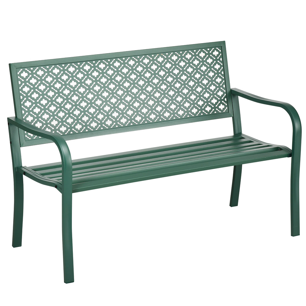 Banc de jardin, banc extérieur jardin en acier, avec dossier à motif floral, accoudoirs, pour 2 personnes, pour jardin, balcon, charge max. 240 kg, vert foncé