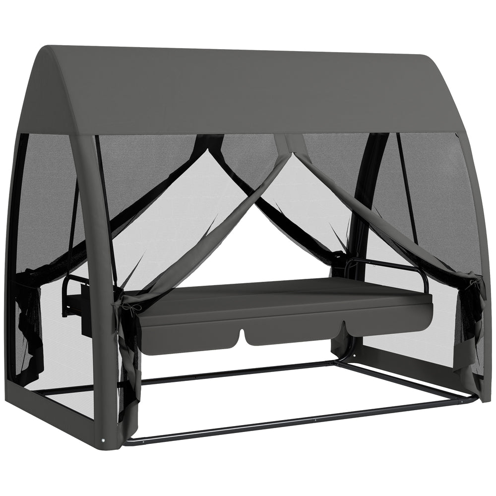 Balancelle de jardin convertible 3 places, balancelle d'extérieur avec auvent et coussins, filet avec fermetures éclair, poche, pour jardin, cour, gris