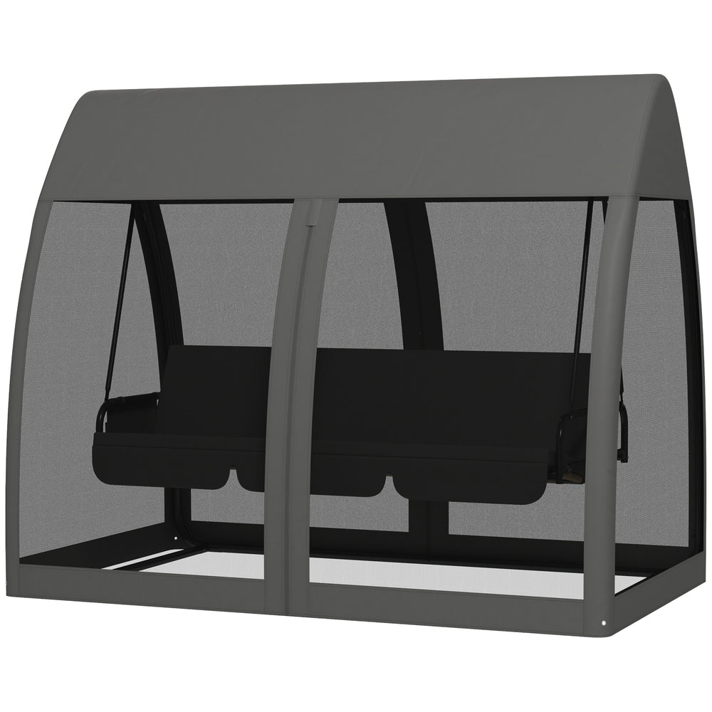 Balancelle de jardin convertible 3 places, balancelle d'extérieur avec auvent et coussins, filet avec fermetures éclair, poche, pour jardin, cour, gris