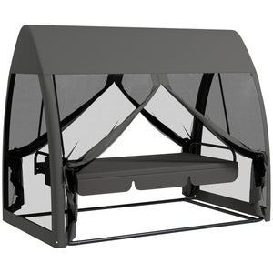 Balancelle de jardin convertible 3 places, balancelle d'extérieur avec auvent et coussins, filet avec fermetures éclair, poche, pour jardin, cour, gris