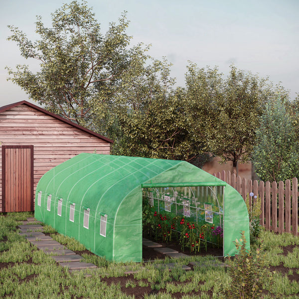 Serre de jardin tunnel 24 ㎡ grande taille 8 x 3 x 2 m avec bâche PE cadre en acier galvanisé Ø 24 mm  porte enroulable et 12 fenêtres vert
