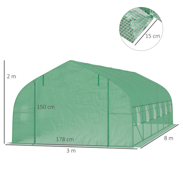 Serre de jardin tunnel 24 ㎡ grande taille 8 x 3 x 2 m avec bâche PE cadre en acier galvanisé Ø 24 mm  porte enroulable et 12 fenêtres vert