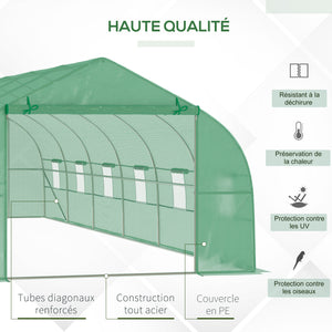 Serre de jardin tunnel 24 ㎡ grande taille 8 x 3 x 2 m avec bâche PE cadre en acier galvanisé Ø 24 mm  porte enroulable et 12 fenêtres vert