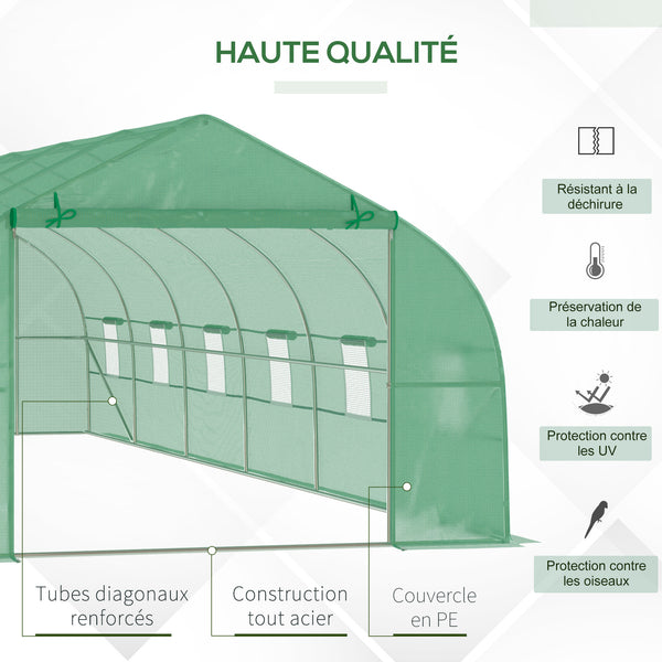 Serre de jardin tunnel 24 ㎡ grande taille 8 x 3 x 2 m avec bâche PE cadre en acier galvanisé Ø 24 mm  porte enroulable et 12 fenêtres vert