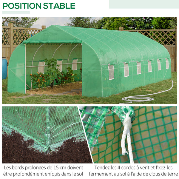 Serre de jardin tunnel 24 ㎡ grande taille 8 x 3 x 2 m avec bâche PE cadre en acier galvanisé Ø 24 mm  porte enroulable et 12 fenêtres vert