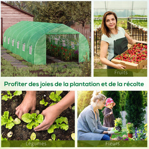 Serre de jardin tunnel 24 ㎡ grande taille 8 x 3 x 2 m avec bâche PE cadre en acier galvanisé Ø 24 mm  porte enroulable et 12 fenêtres vert
