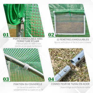 Serre de jardin tunnel 24 ㎡ grande taille 8 x 3 x 2 m avec bâche PE cadre en acier galvanisé Ø 24 mm  porte enroulable et 12 fenêtres vert