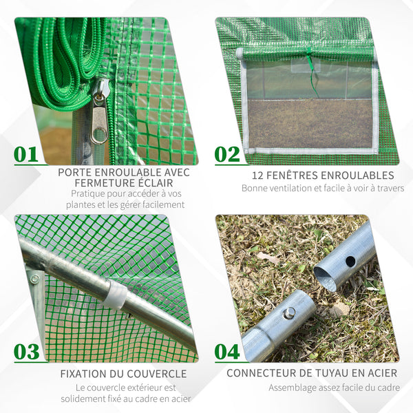 Serre de jardin tunnel 24 ㎡ grande taille 8 x 3 x 2 m avec bâche PE cadre en acier galvanisé Ø 24 mm  porte enroulable et 12 fenêtres vert