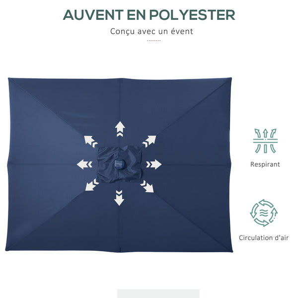Parasol de jardin Parasol droit 3 x 2 m lumineux rectangulaire inclinable avec LED solaire acier polyester haute densité bleu