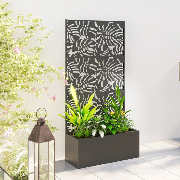 Jardinière avec treillis, bac à fleurs, lit surélevé avec brise-vue, pour plantes grimpantes, légumes, fleurs, métal, intérieur et extérieur, cour jardin balcon, 90 x 37,5 x 180 cm, noir