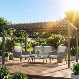 Pergola bioclimatique 4x3m, pergola aluminium, lames orientables, manivelle, système de drainage, tonnelle de jardin abri terrasse, résistante vent, protection soleil, imperméable, gris foncé
