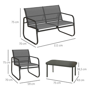 Salon de jardin ensemble de mobilier de jardin 4 pièces avec 2 fauteuils 1 canapé 2 places d'extérieur et table basse avec plateau en verre trempé noir