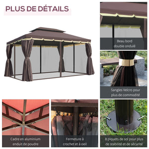 Tonnelle de jardin extérieur 4 x 3 m barnum double toit tente de réception avec parois et moustiquaires marron