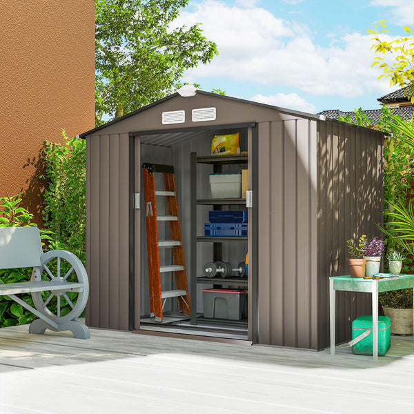 Abri de jardin en métal 2,77 m² cabane de jardin 213 x 130 x 185 cm cabanon rangement outils avec fondation, porte coulissante verrouillables et 4 aérations - marron