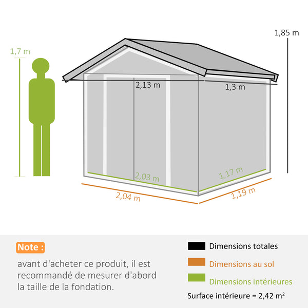 Abri de jardin en métal 2,77 m² cabane de jardin 213 x 130 x 185 cm cabanon rangement outils avec fondation, porte coulissante verrouillables et 4 aérations - marron