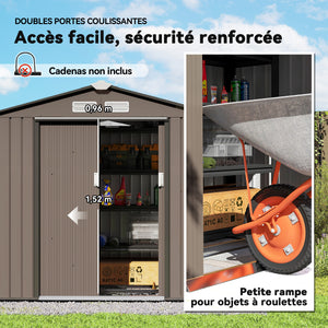 Abri de jardin en métal 2,77 m² cabane de jardin 213 x 130 x 185 cm cabanon rangement outils avec fondation, porte coulissante verrouillables et 4 aérations - marron