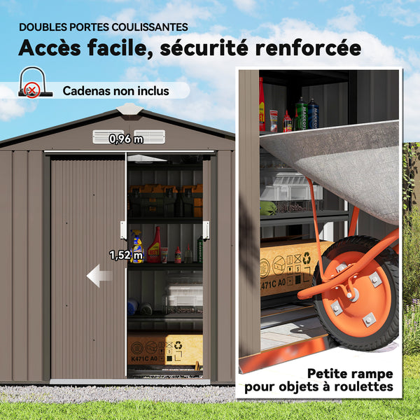 Abri de jardin en métal 2,77 m² cabane de jardin 213 x 130 x 185 cm cabanon rangement outils avec fondation, porte coulissante verrouillables et 4 aérations - marron