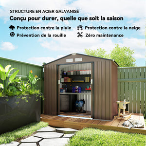 Abri de jardin en métal 2,77 m² cabane de jardin 213 x 130 x 185 cm cabanon rangement outils avec fondation, porte coulissante verrouillables et 4 aérations - marron