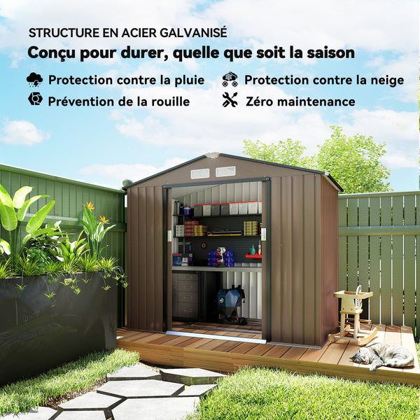 Abri de jardin en métal 2,77 m² cabane de jardin 213 x 130 x 185 cm cabanon rangement outils avec fondation, porte coulissante verrouillables et 4 aérations - marron