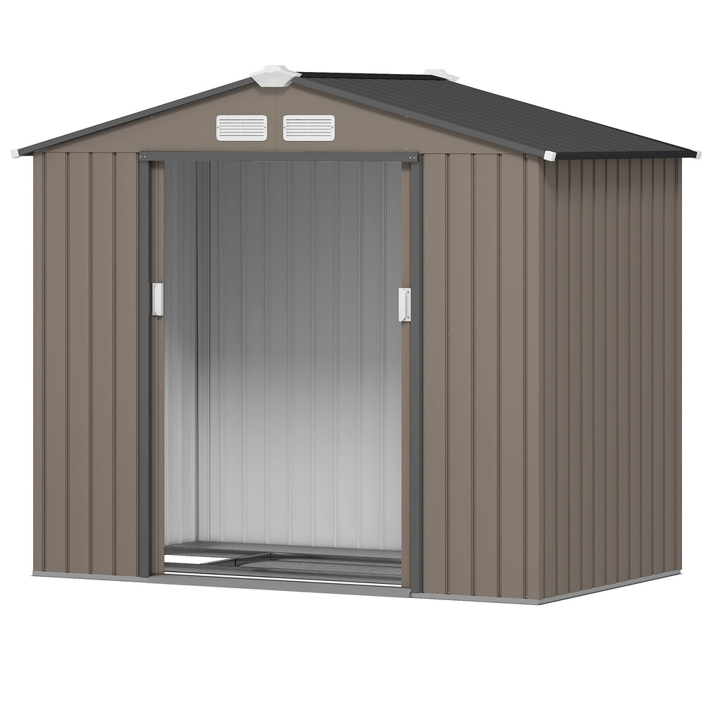 Abri de jardin en métal 2,77 m² cabane de jardin 213 x 130 x 185 cm cabanon rangement outils avec fondation, porte coulissante verrouillables et 4 aérations - marron