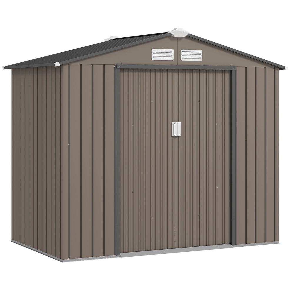 Abri de jardin en métal 2,77 m² cabane de jardin 213 x 130 x 185 cm cabanon rangement outils avec fondation, porte coulissante verrouillables et 4 aérations - marron