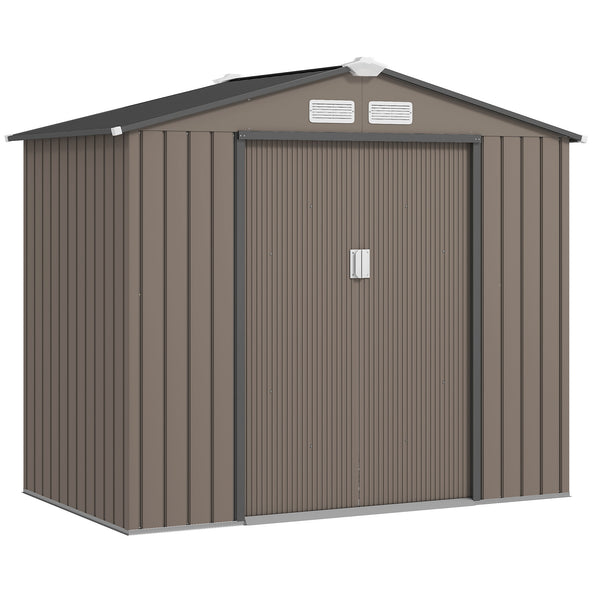 Abri de jardin en métal 2,77 m² cabane de jardin 213 x 130 x 185 cm cabanon rangement outils avec fondation, porte coulissante verrouillables et 4 aérations - marron