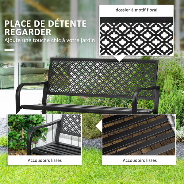 Banc de jardin, banc extérieur jardin en acier, avec dossier à motif floral, accoudoirs, pour 2 personnes, pour jardin, balcon, charge max. 240 kg, noir