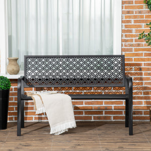 Banc de jardin, banc extérieur jardin en acier, avec dossier à motif floral, accoudoirs, pour 2 personnes, pour jardin, balcon, charge max. 240 kg, noir