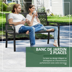 Banc de jardin, banc extérieur jardin en acier, avec dossier à motif floral, accoudoirs, pour 2 personnes, pour jardin, balcon, charge max. 240 kg, noir