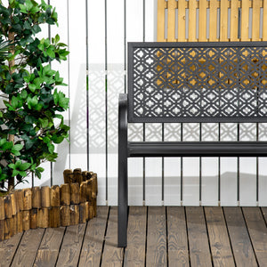 Banc de jardin, banc extérieur jardin en acier, avec dossier à motif floral, accoudoirs, pour 2 personnes, pour jardin, balcon, charge max. 240 kg, noir