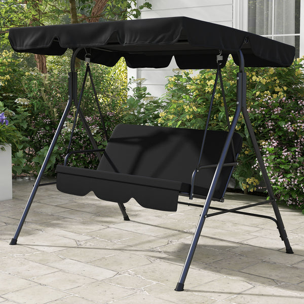 Balancelle de Jardin 3 Places Toit Inclinaison réglable Coussins Assise et Dossier 1,72L x 1,1l x 1,53H m Acier Noir Polyester Noire