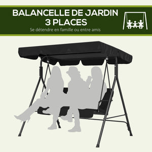 Balancelle de Jardin 3 Places Toit Inclinaison réglable Coussins Assise et Dossier 1,72L x 1,1l x 1,53H m Acier Noir Polyester Noire
