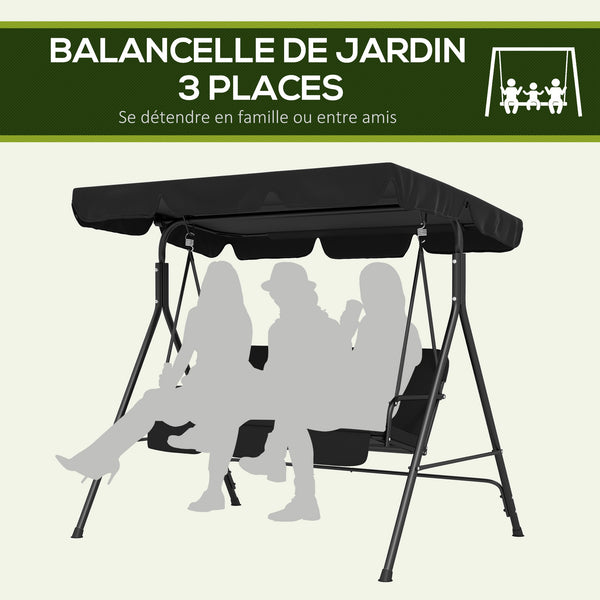 Balancelle de Jardin 3 Places Toit Inclinaison réglable Coussins Assise et Dossier 1,72L x 1,1l x 1,53H m Acier Noir Polyester Noire