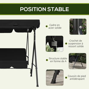 Balancelle de Jardin 3 Places Toit Inclinaison réglable Coussins Assise et Dossier 1,72L x 1,1l x 1,53H m Acier Noir Polyester Noire