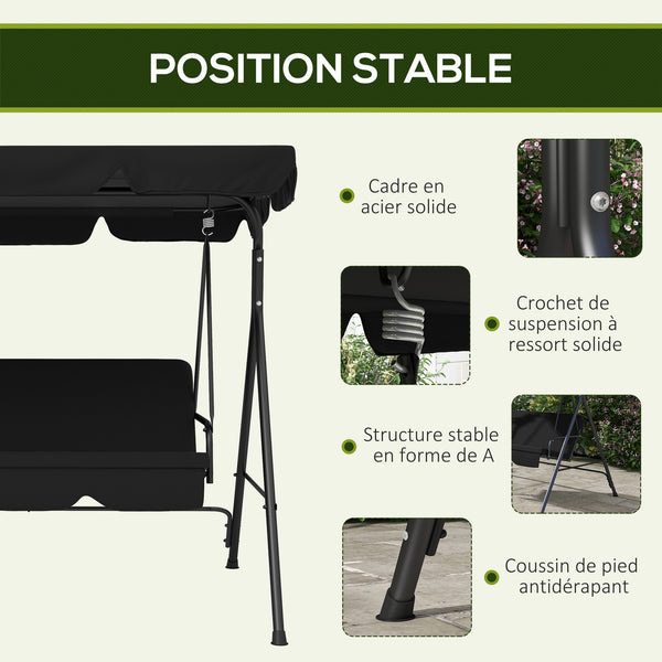 Balancelle de Jardin 3 Places Toit Inclinaison réglable Coussins Assise et Dossier 1,72L x 1,1l x 1,53H m Acier Noir Polyester Noire