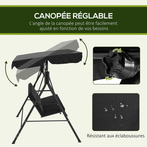 Balancelle de Jardin 3 Places Toit Inclinaison réglable Coussins Assise et Dossier 1,72L x 1,1l x 1,53H m Acier Noir Polyester Noire