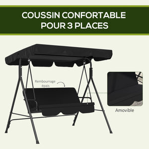 Balancelle de Jardin 3 Places Toit Inclinaison réglable Coussins Assise et Dossier 1,72L x 1,1l x 1,53H m Acier Noir Polyester Noire