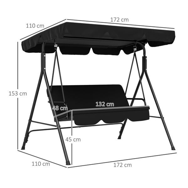 Balancelle de Jardin 3 Places Toit Inclinaison réglable Coussins Assise et Dossier 1,72L x 1,1l x 1,53H m Acier Noir Polyester Noire