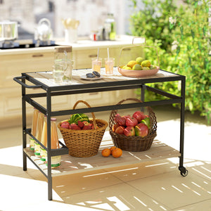 Desserte de jardin chariot pour plancha barbecue en bois et métal avec 2 étagères et 3 crochets - 107 x 65 x 80 cm noir naturel