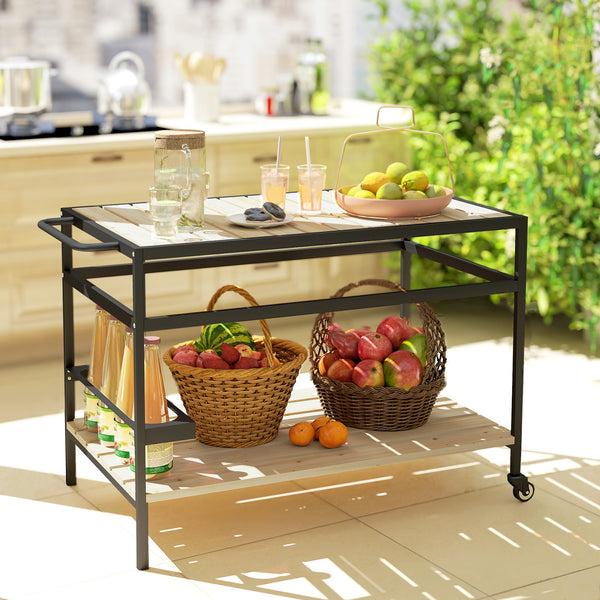 Desserte de jardin chariot pour plancha barbecue en bois et métal avec 2 étagères et 3 crochets - 107 x 65 x 80 cm noir naturel