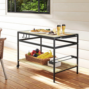 Desserte de jardin chariot pour plancha barbecue en bois et métal avec 2 étagères et 3 crochets - 107 x 65 x 80 cm noir naturel