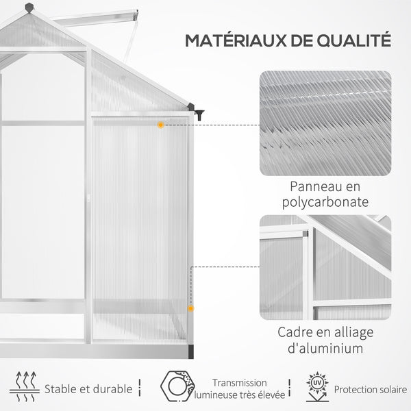 Serre de Jardin Aluminium Polycarbonate 4,6 m² dim. 2,42L x 1,9l x 1,95H m Lucarne Porte loquet