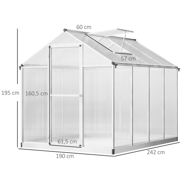 Serre de Jardin Aluminium Polycarbonate 4,6 m² dim. 2,42L x 1,9l x 1,95H m Lucarne Porte loquet